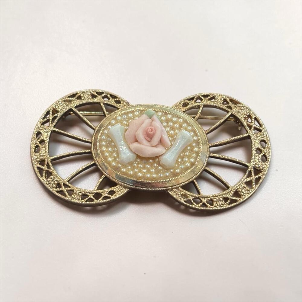 1928 Jewelry Vintage Pink Rose Faux Pearl Gold Tone Victorian Revival Brooch